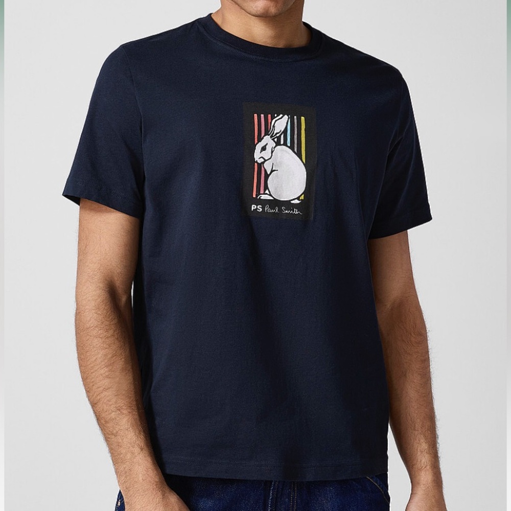 Paul Smith Black Tee with White Rabbit and Multicolor Stripe Motif size Small